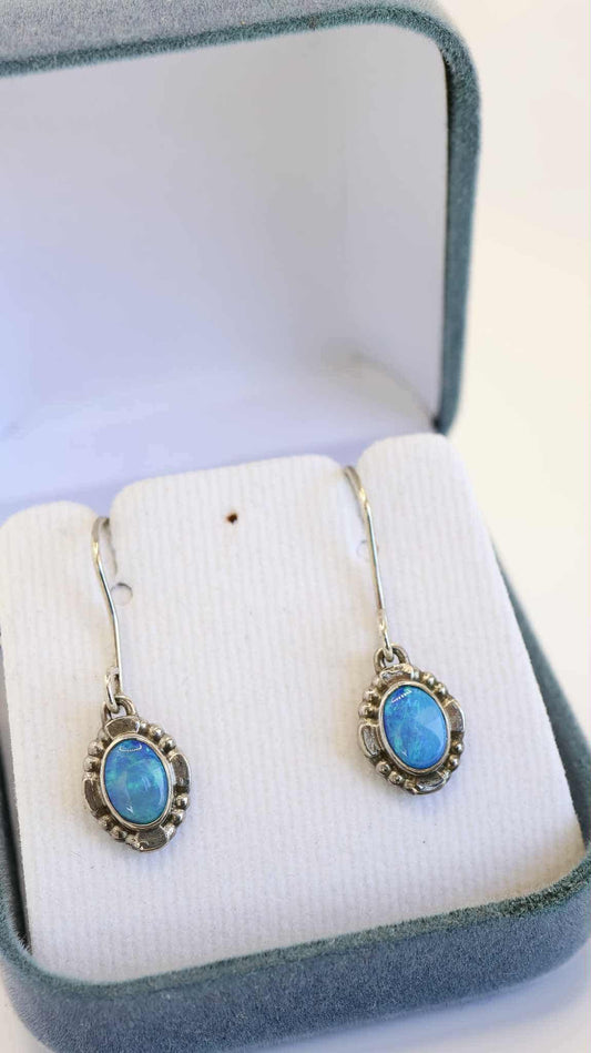 Stirling Silver Blue Opal Drop Earrings