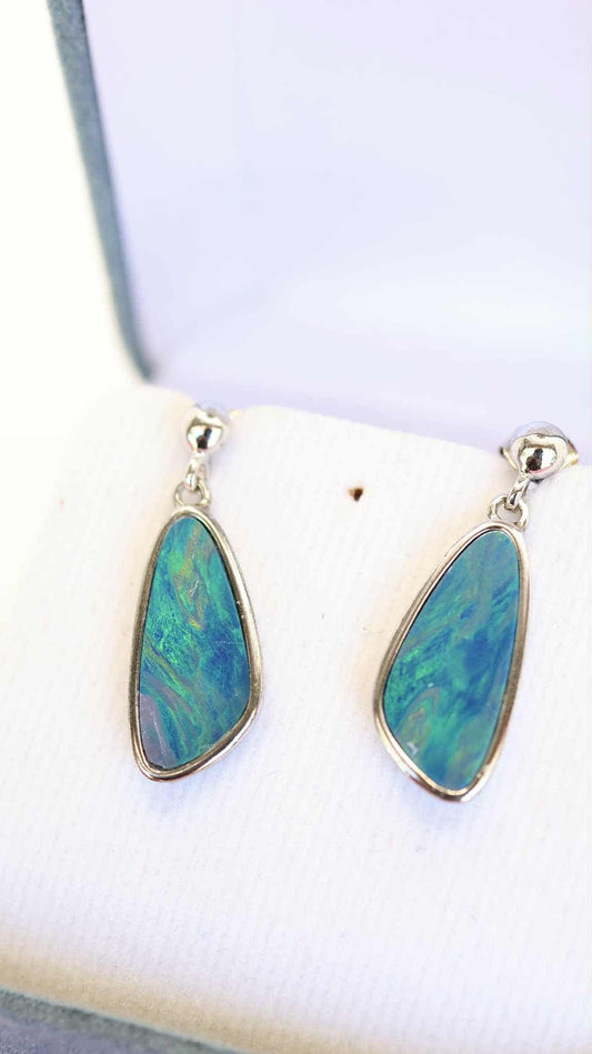 Blue Green Stirling Silver Opal Earrings