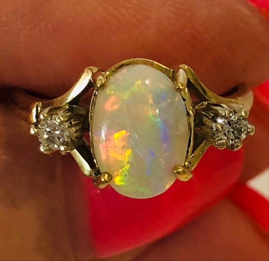 Lightning Ridge Solid Opal Ring Set in 9ct Yellow Gold with Diamonds