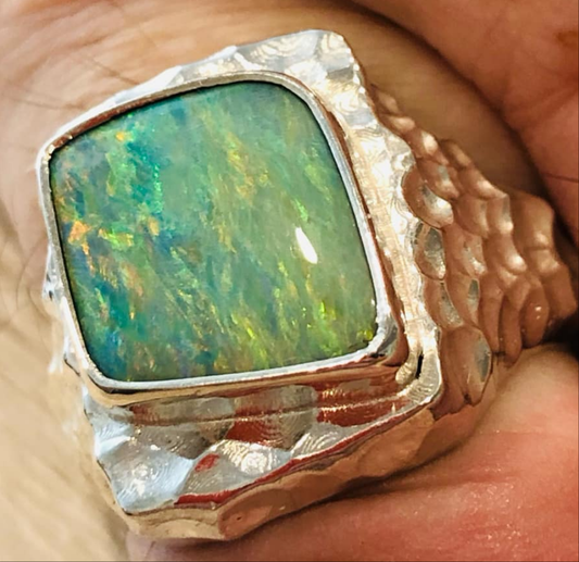 Australian Boulder Opal Set in Sterling Silver, Hammer Finished