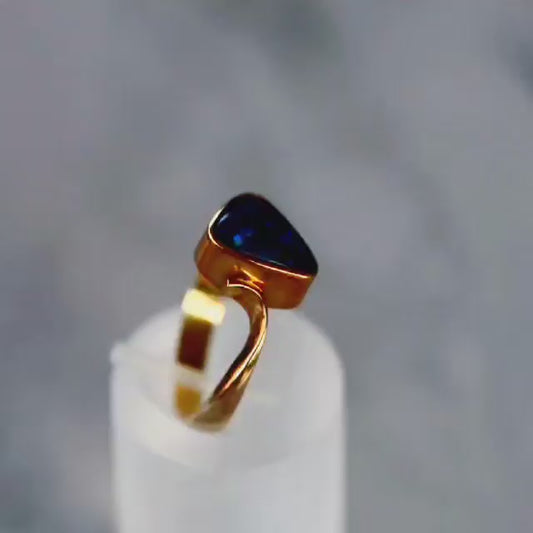 Lightning Ridge Black Opal Ring Set in 9ct Yellow Gold