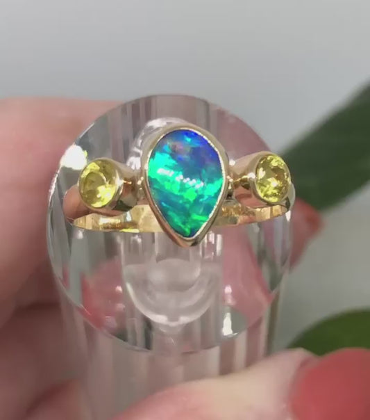 Black Lightning Ridge Solid Opal Ring Set in 9ct Yellow Gold