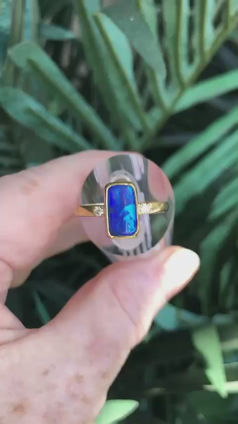 9ct Yellow Gold Lightning Ridge Doublet Opal Ring with Diamonds