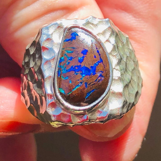 Australian Boulder Opal Set in Sterling Silver, Hammer Finished