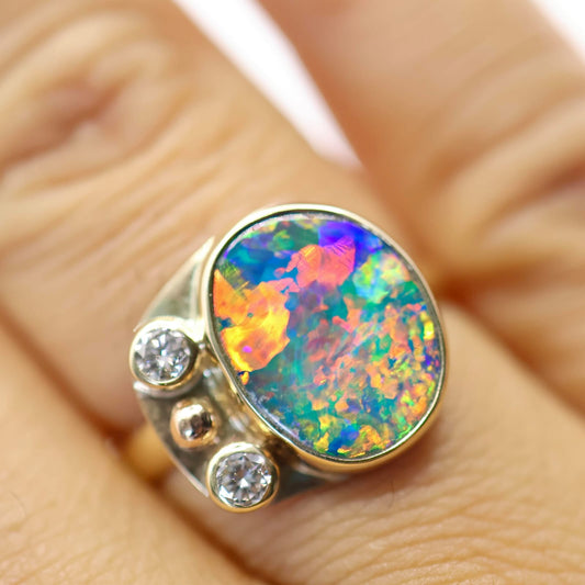 Lightning Ridge Doublet Opal Ring Set in 9ct Yellow Gold with Diamonds