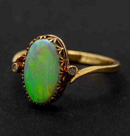 Lightning Ridge Opal Ring Set in 9ct Yellow Gold with Diamonds