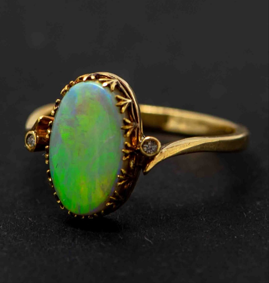 Lightning Ridge Opal Ring Set in 9ct Yellow Gold with Diamonds