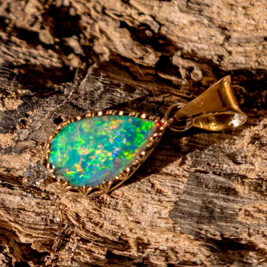 Lightning Ridge Opal Set in 9ct Yellow Gold with Diamond