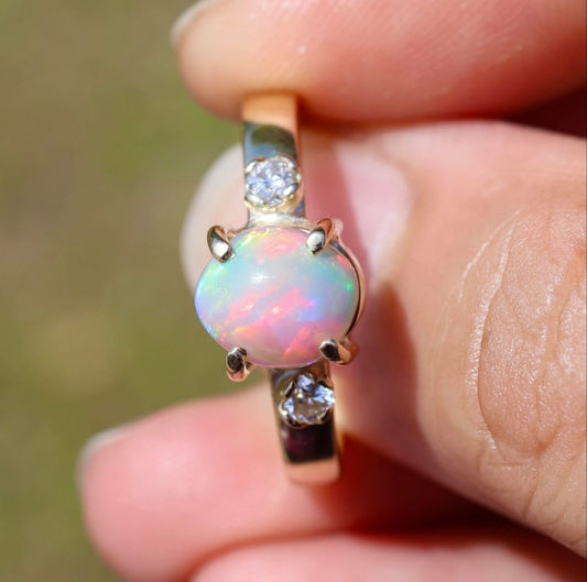 Lightning Ridge Opal Ring Set in 9ct Yellow Gold with Diamonds