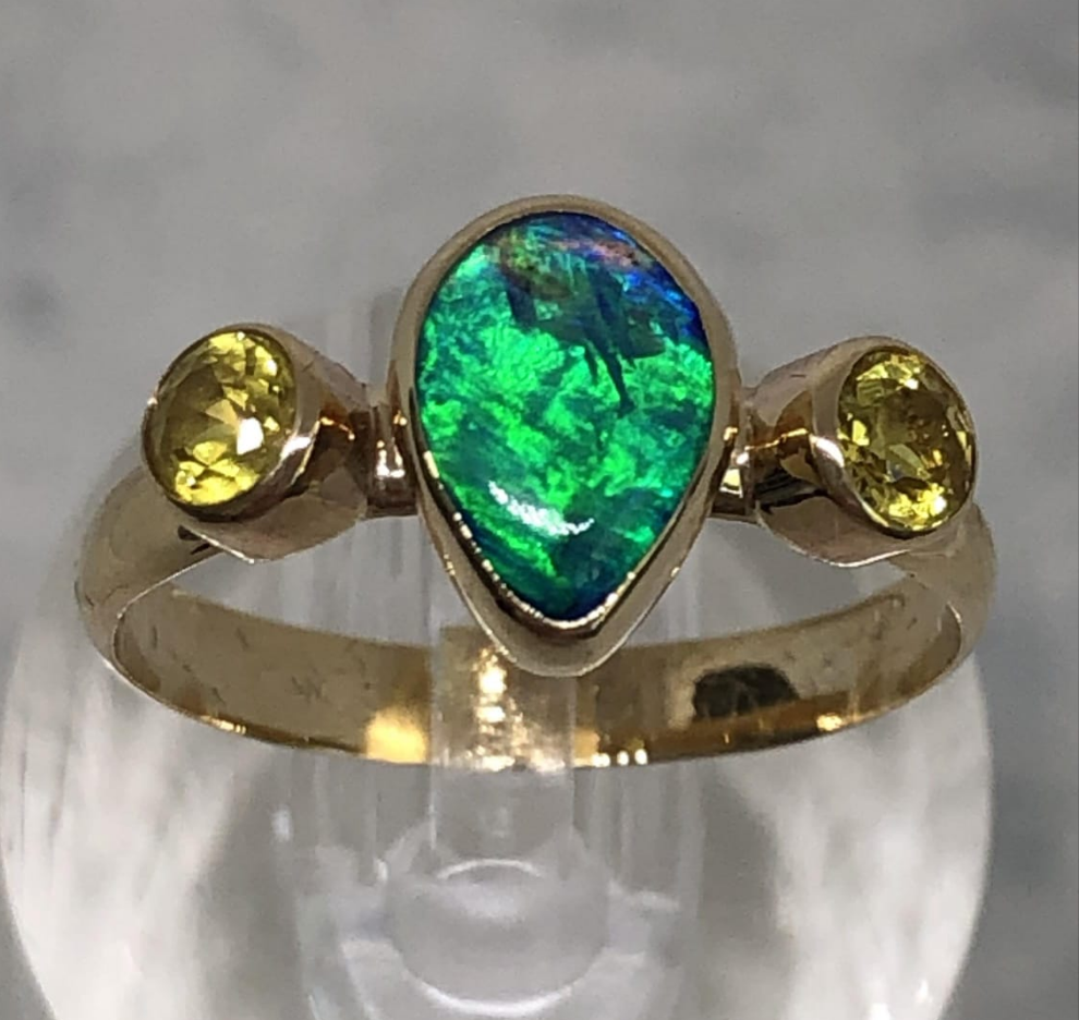 Black Lightning Ridge Solid Opal Ring Set in 9ct Yellow Gold