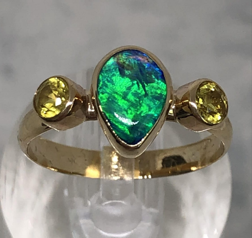 Black Lightning Ridge Solid Opal Ring Set in 9ct Yellow Gold