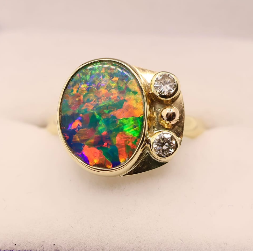 Lightning Ridge Doublet Opal Ring Set in 9ct Yellow Gold with Diamonds
