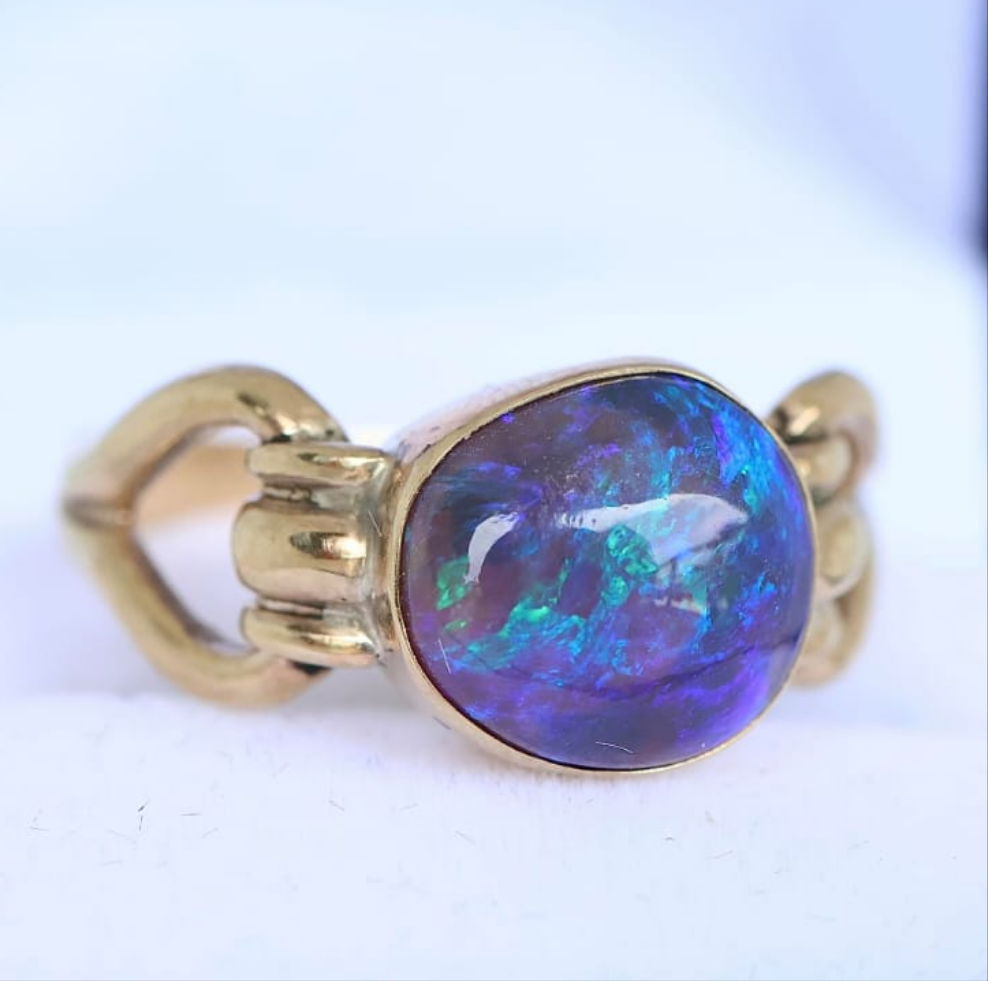 Lightning Ridge Solid Opal Black Crystal Ring Set in 9ct Yellow Gold
