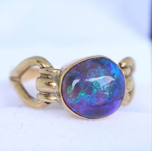 Lightning Ridge Solid Opal Black Crystal Ring Set in 9ct Yellow Gold