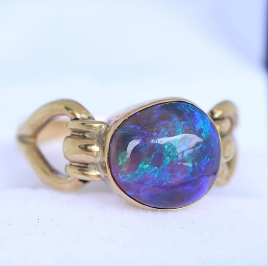 Lightning Ridge Solid Opal Black Crystal Ring Set in 9ct Yellow Gold