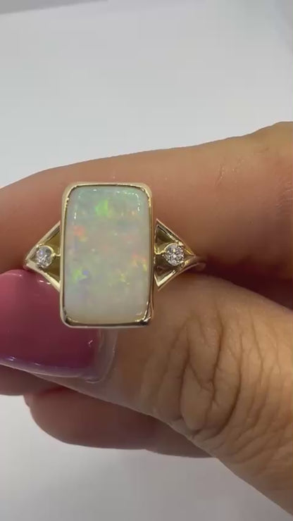Coober Pedy White Opal Ring Set in 9ct Yellow Gold