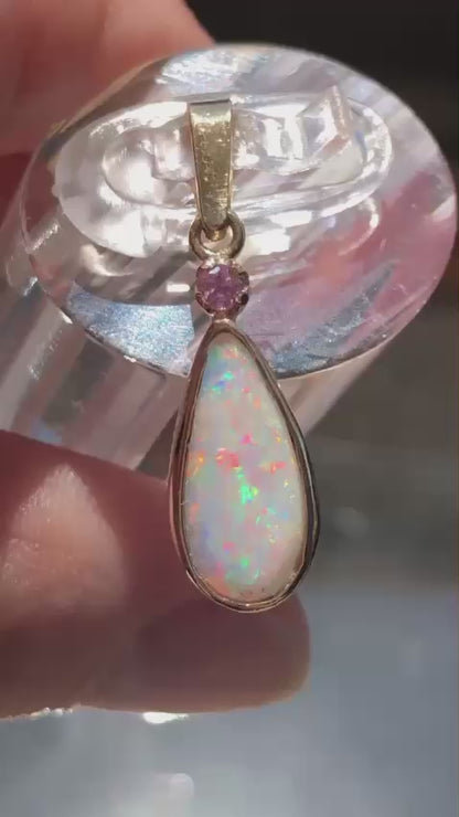 Lightning Ridge Opal Set in 9ct Yellow Gold with Pink Sapphire