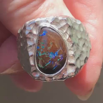 Australian Boulder Opal Set in Sterling Silver, Hammer Finished