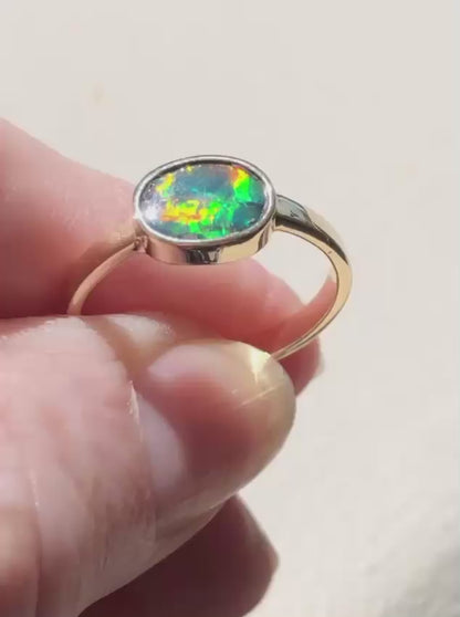 Gold Opal Lightning Ridge Doublet Opal Ring Set in 9ct Yellow Gold