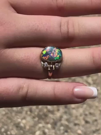 Lightning Ridge Doublet Opal Ring Set in 9ct Yellow Gold with Diamonds