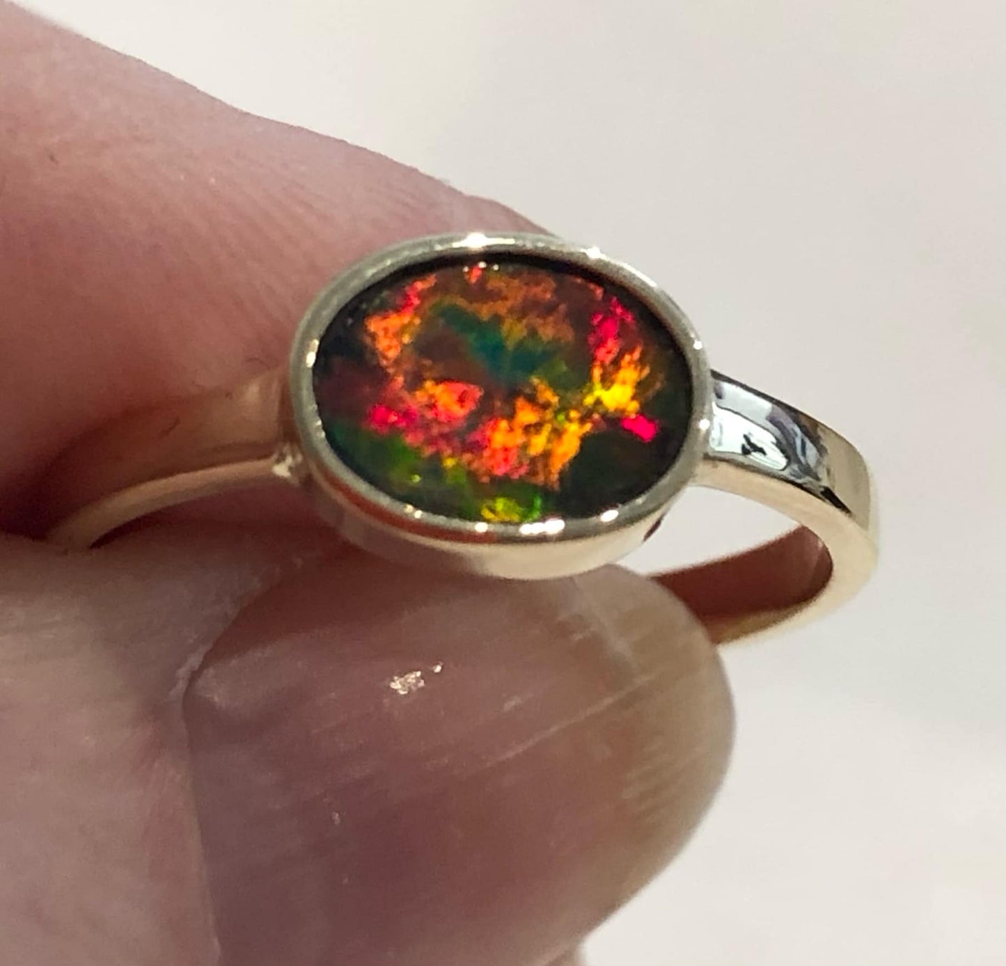 Gold Opal Lightning Ridge Doublet Opal Ring Set in 9ct Yellow Gold