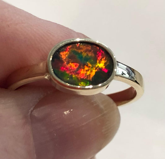 Gold Opal Lightning Ridge Doublet Opal Ring Set in 9ct Yellow Gold