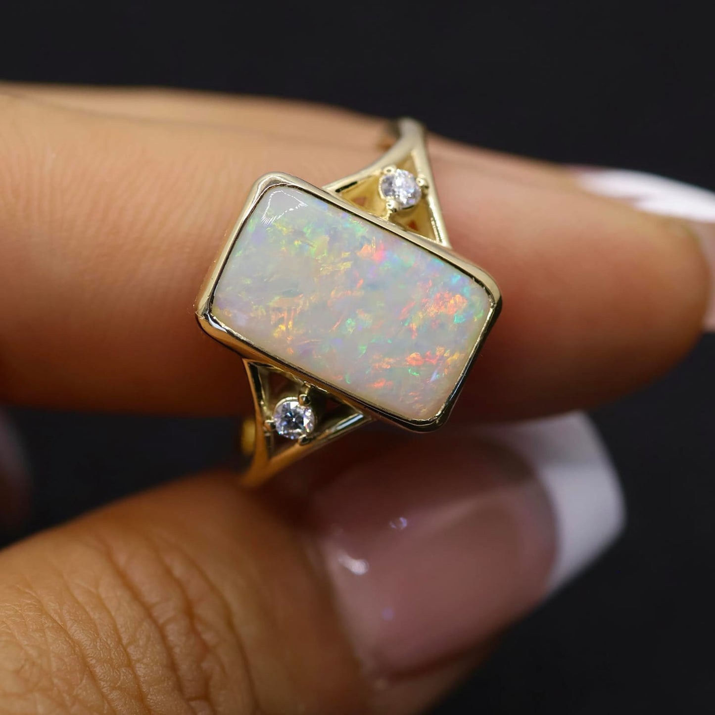 Coober Pedy White Opal Ring Set in 9ct Yellow Gold