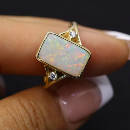 Coober Pedy White Opal Ring Set in 9ct Yellow Gold