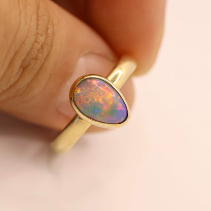 Lightning Ridge Crystal Opal Ring Set in 9ct Yellow Gold