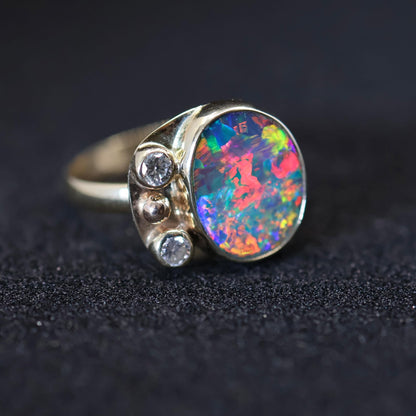 Lightning Ridge Doublet Opal Ring Set in 9ct Yellow Gold with Diamonds