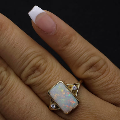 Coober Pedy White Opal Ring Set in 9ct Yellow Gold