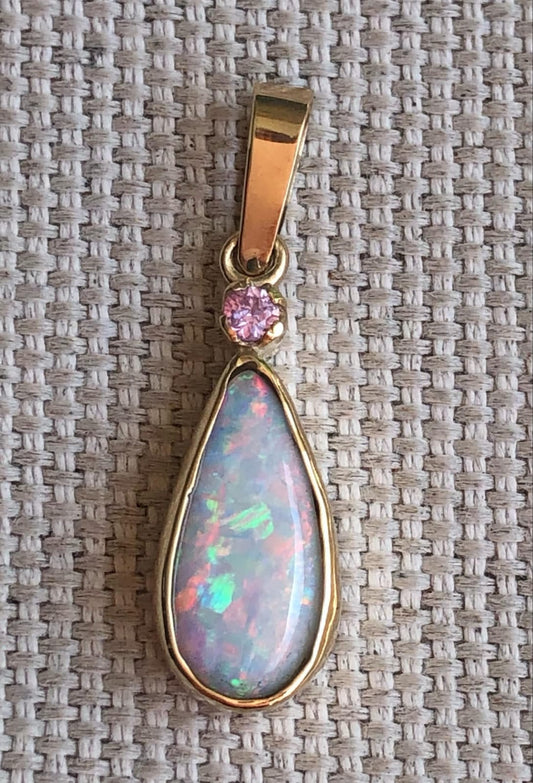 Lightning Ridge Opal Set in 9ct Yellow Gold with Pink Sapphire
